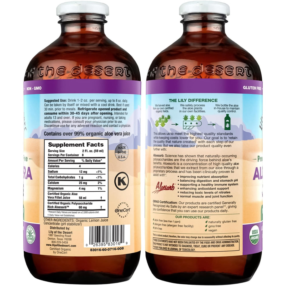 Organic certification seal on Lily of the Desert aloe vera bottle