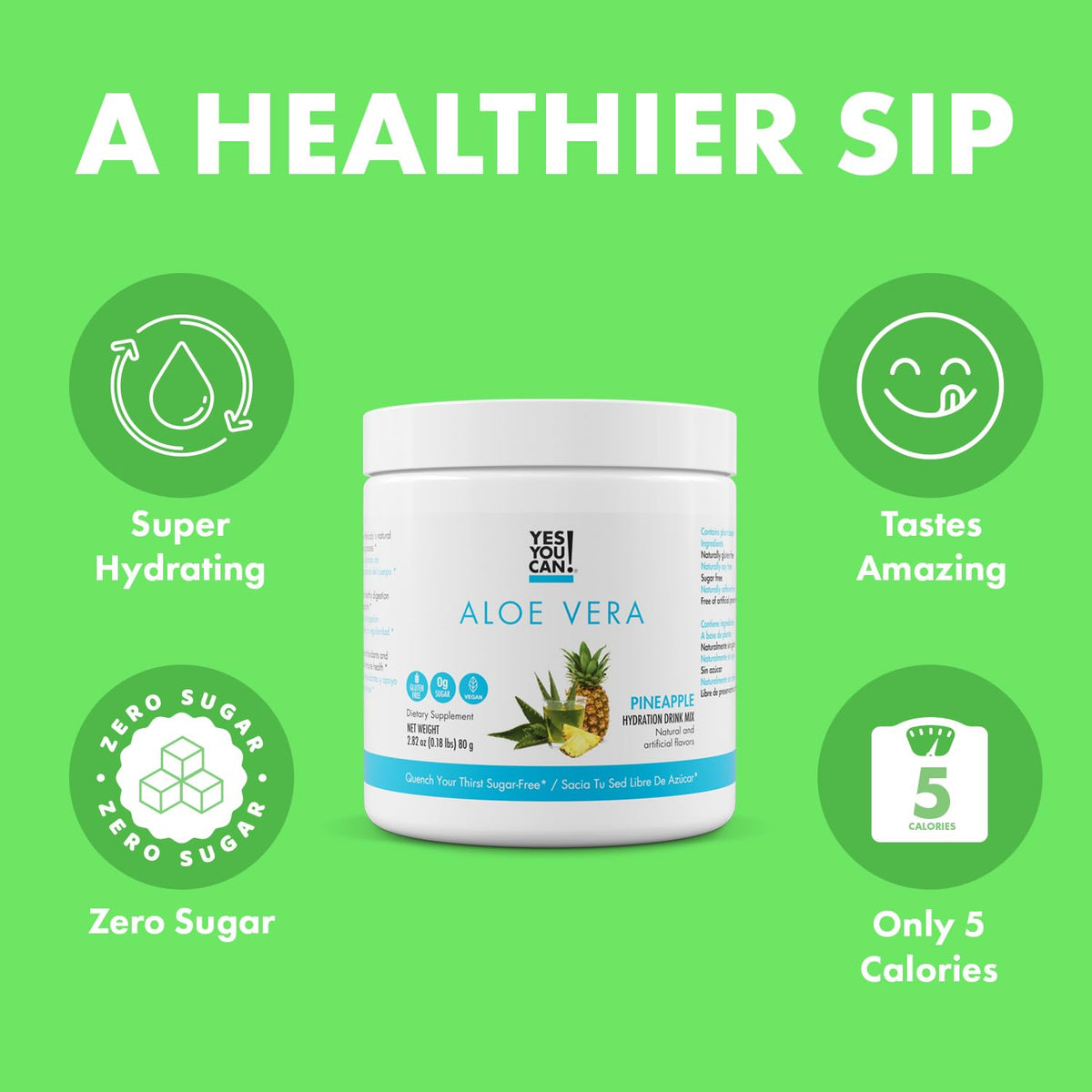 Organic aloe vera powder drink mix in pineapple flavor container