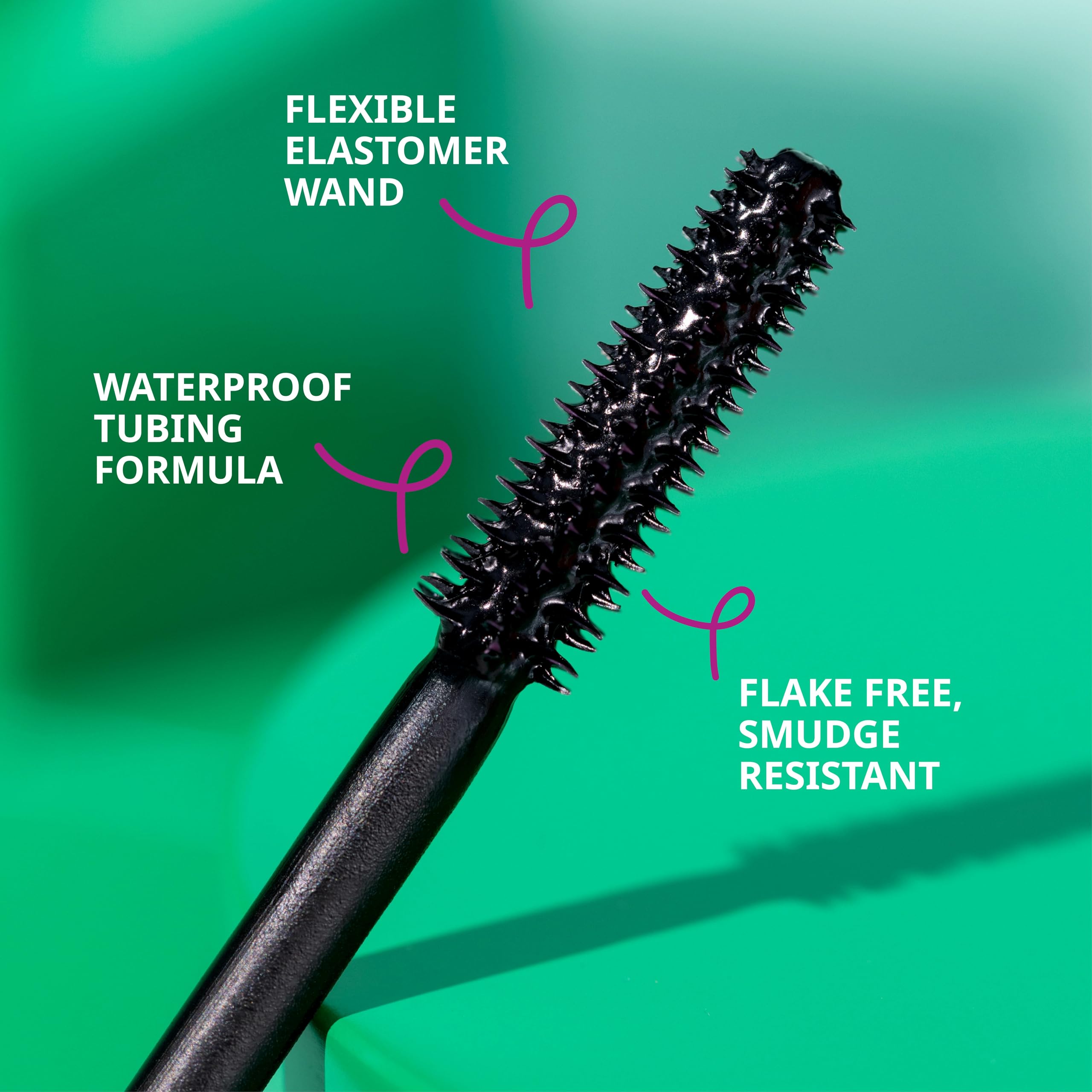 Close up view of the tiny hooks on the elastomer brush of the Essence tubing mascara.