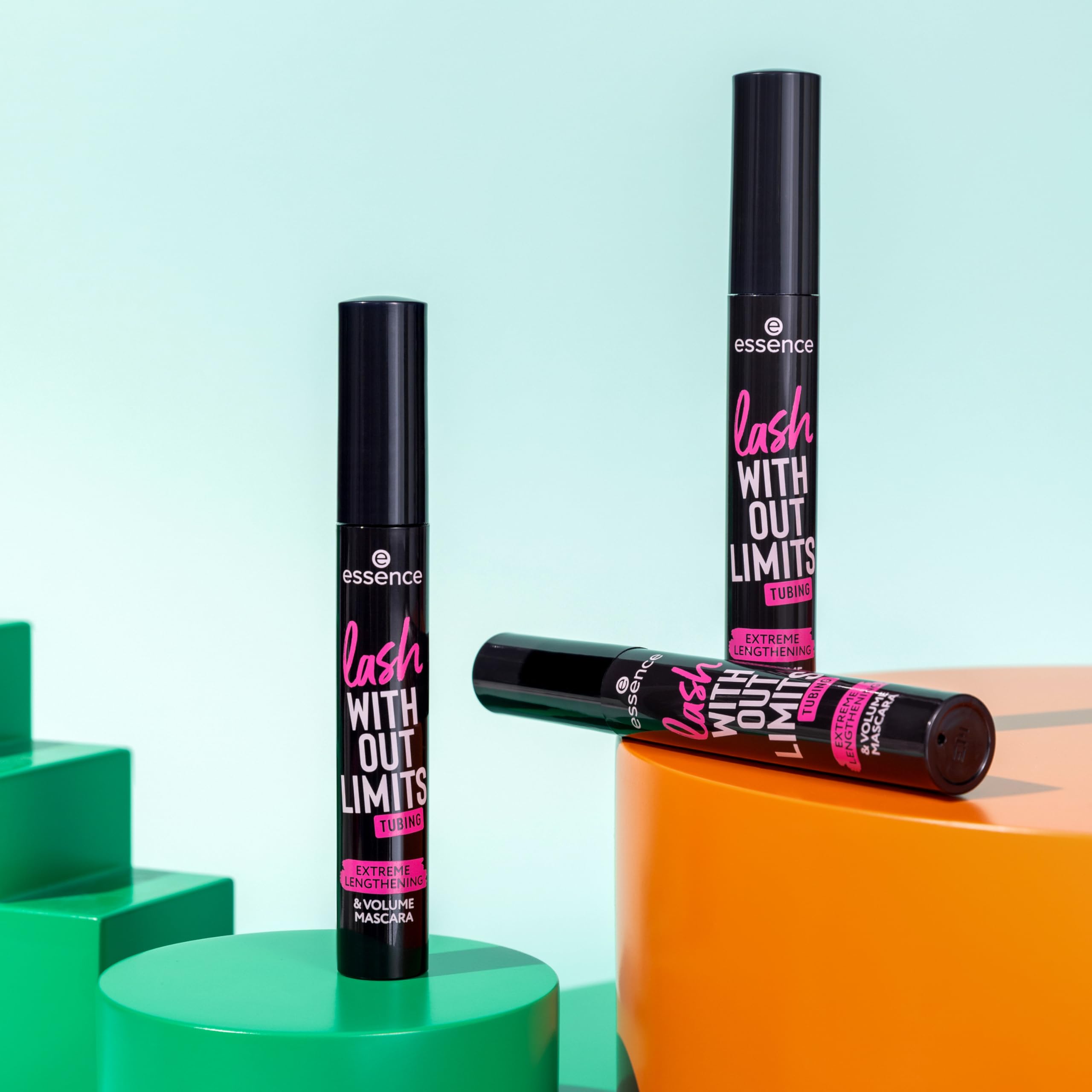 The black and silver packaging of Essence Lash Without Limits Extreme Lengthening mascara standing upright.