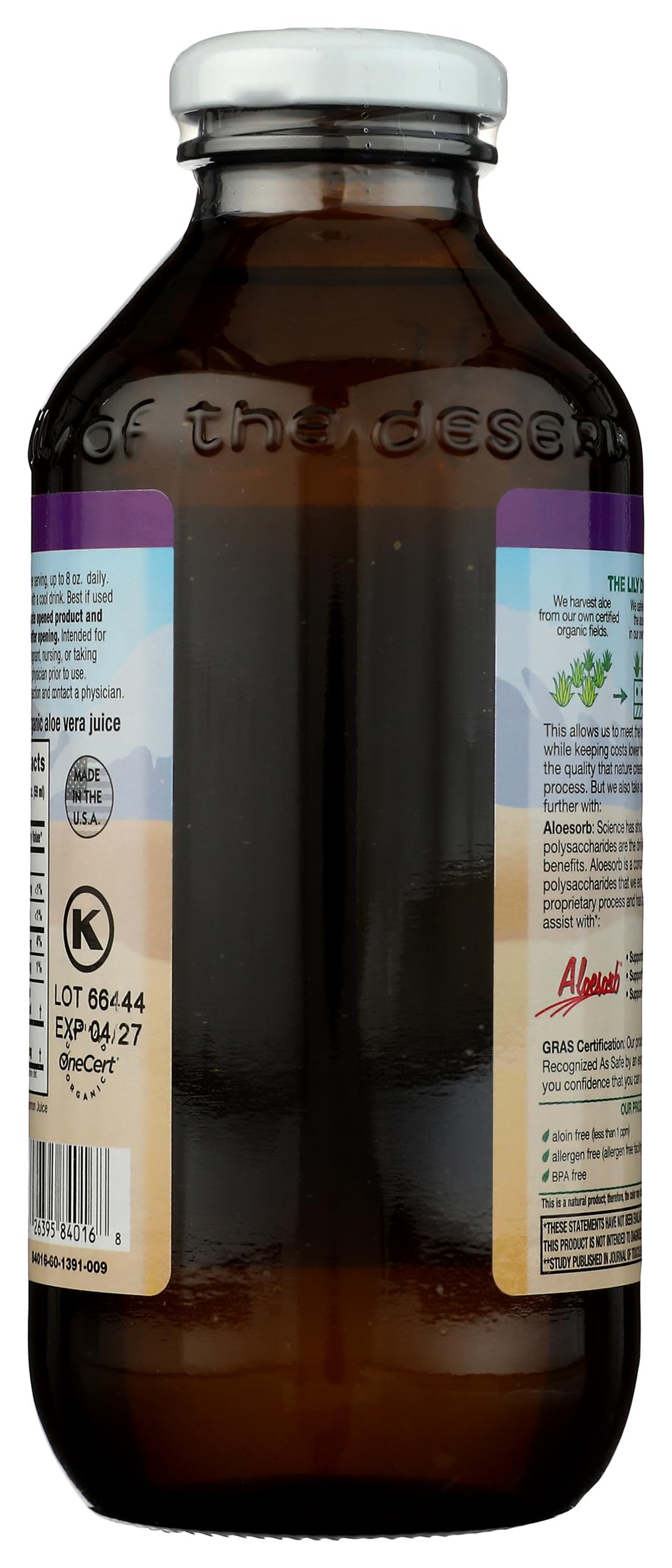 Side profile of Lily of the Desert preservative free aloe juice