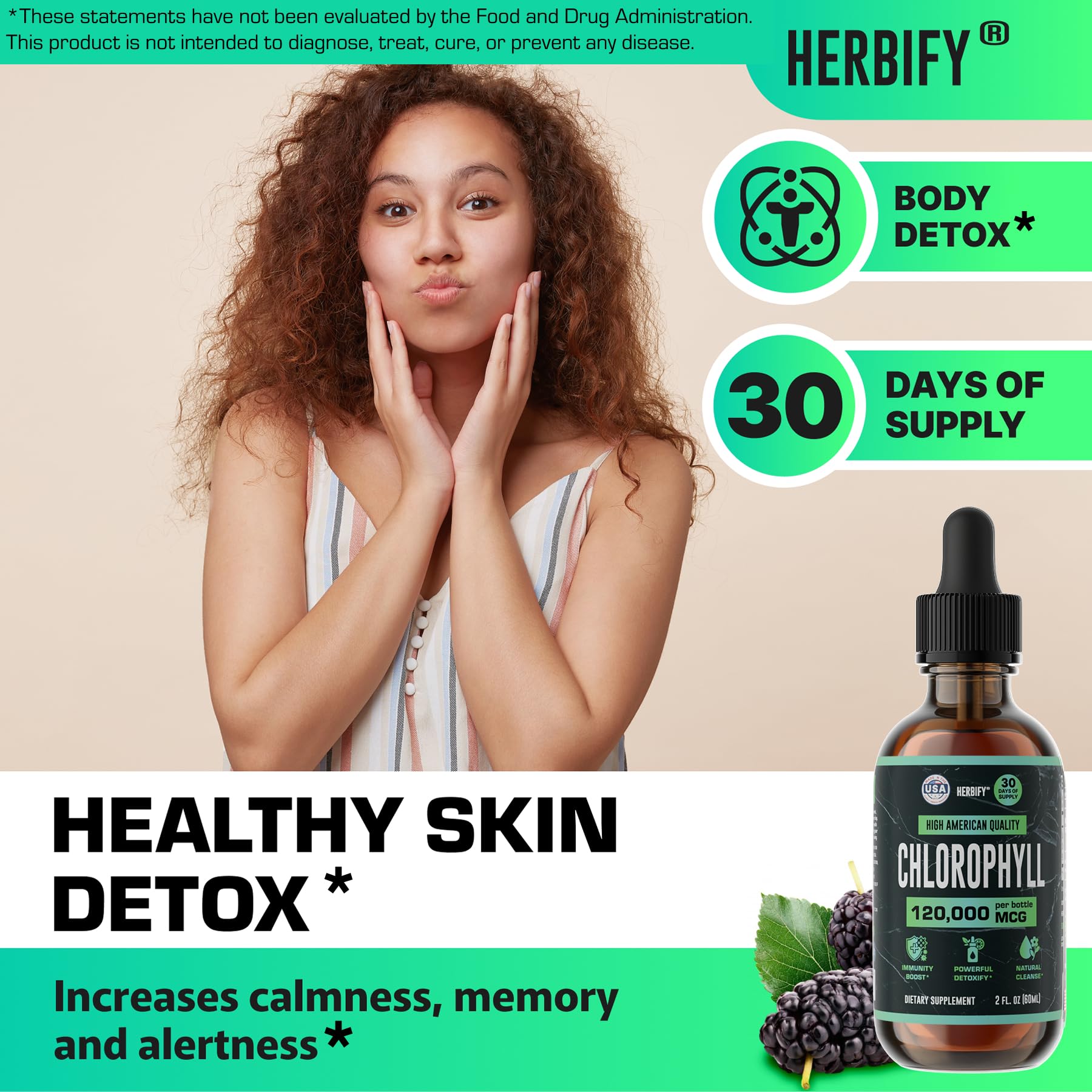 Authentic USA imported liquid chlorophyll dietary supplement showing nutritional facts panel and dosage instructions