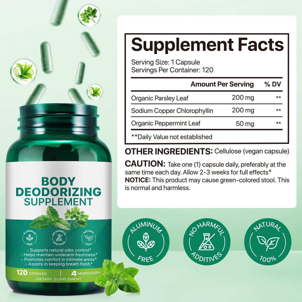 QAJCCXM plant based internal deodorant supplement bottle showing natural chlorophyll ingredients for body odor control