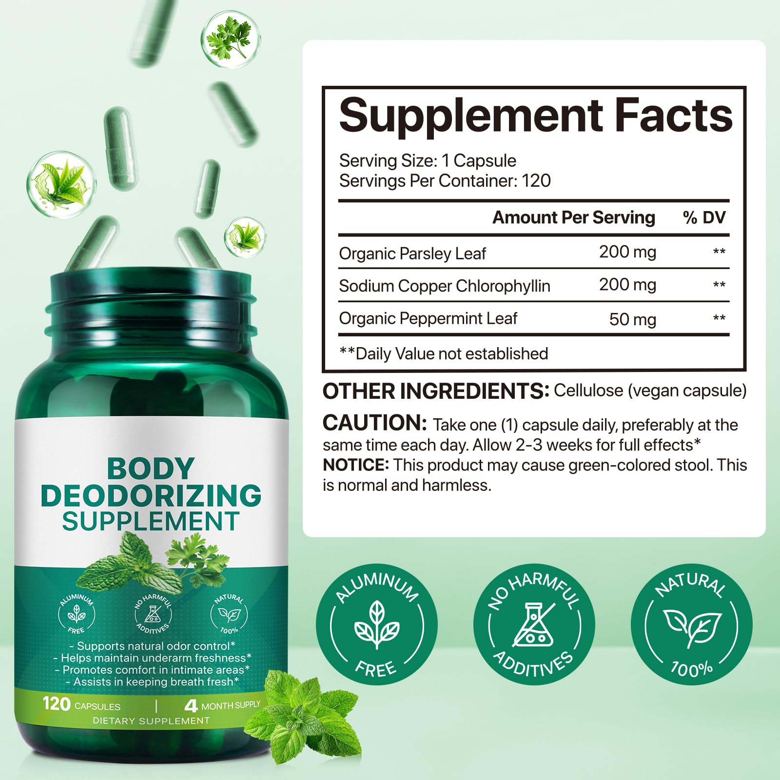 QAJCCXM plant based internal deodorant supplement bottle showing natural chlorophyll ingredients for body odor control