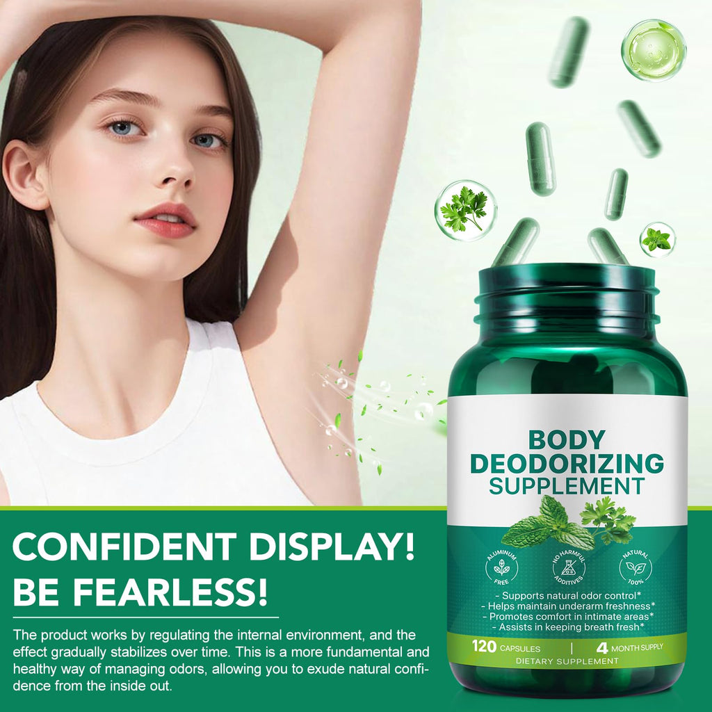 Back label view of QAJCCXM Aebefbaw chlorophyll deodorizing supplement detailing vegan capsule safety standards
