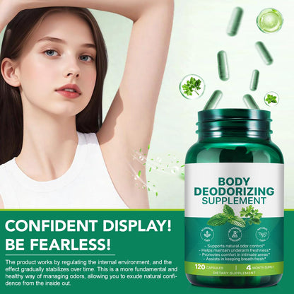 Back label view of QAJCCXM Aebefbaw chlorophyll deodorizing supplement detailing vegan capsule safety standards