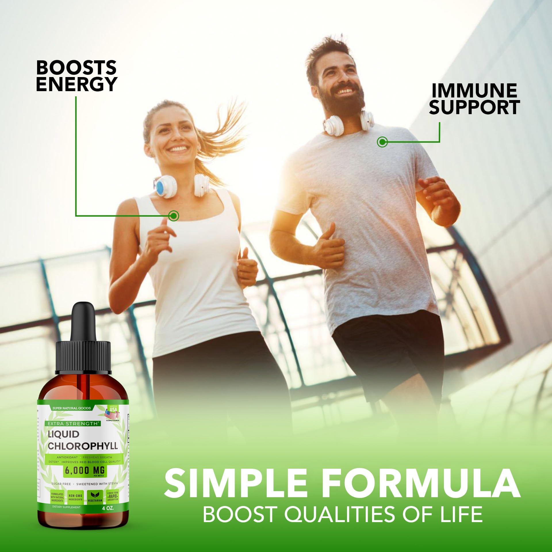Vegan chlorophyll supplement dropper bottle showing 6000mg concentration details