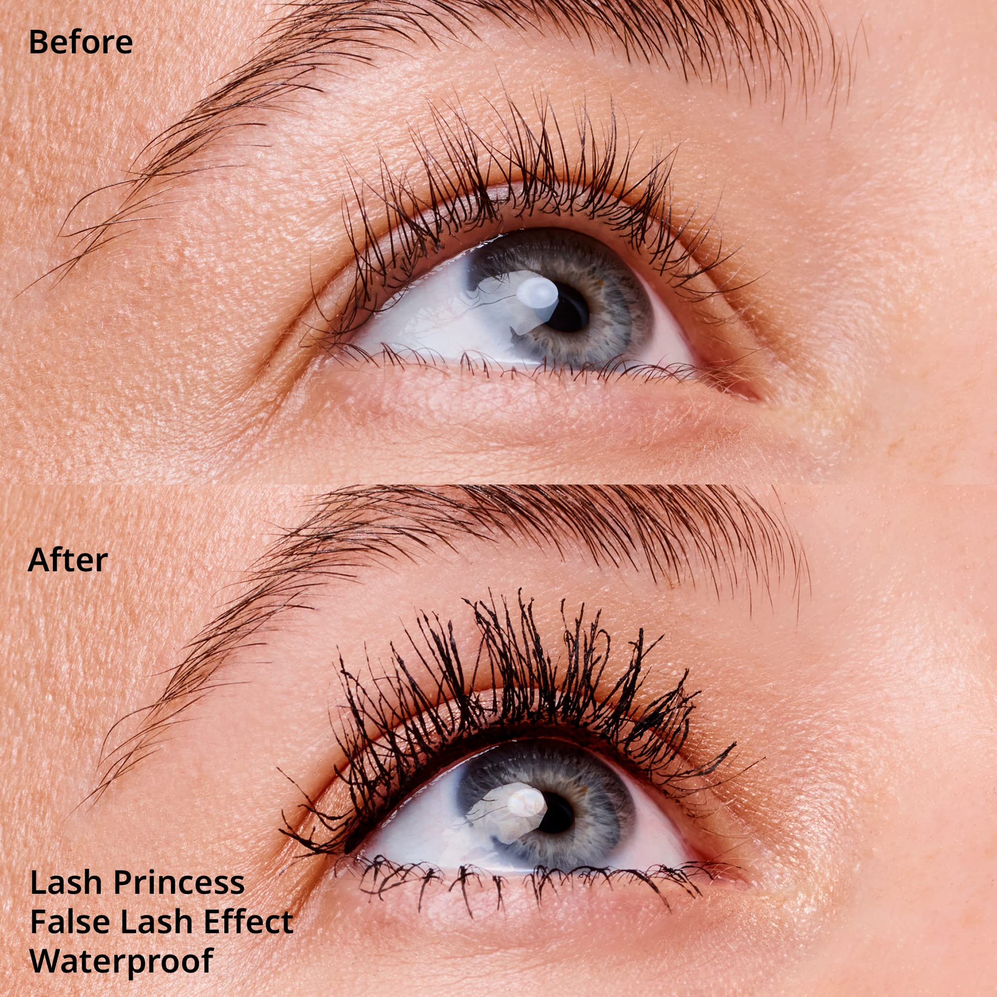 Close up shot of the straight fiber bristles on the Essence Lash Princess mascara wand for lash separation.