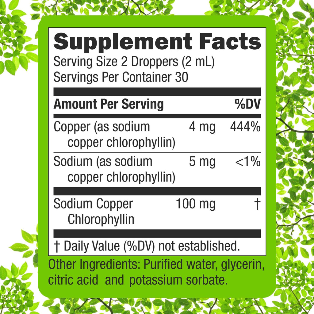 Super Natural Goods four fluid ounce chlorophyll dropper bottle packaging view