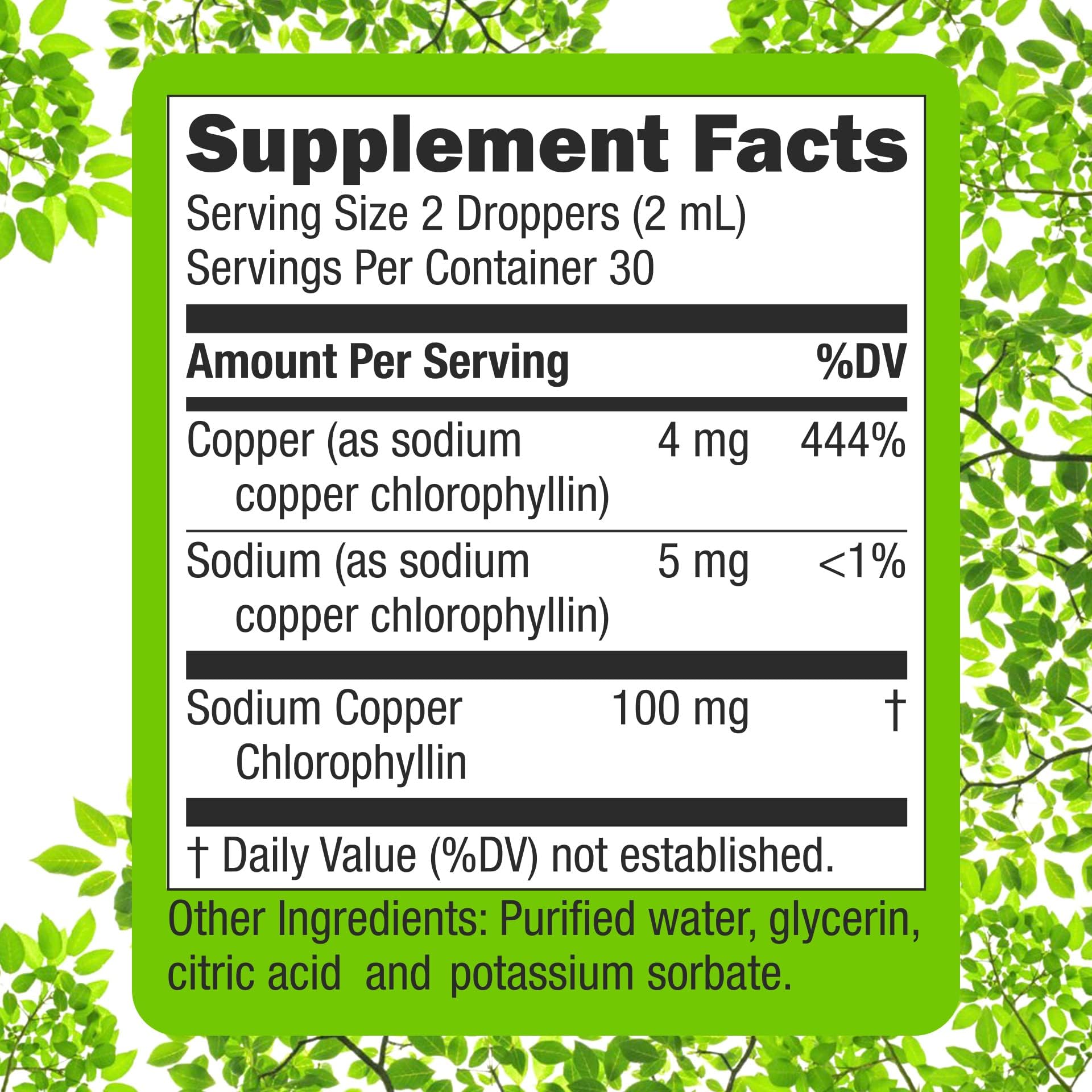 Super Natural Goods four fluid ounce chlorophyll dropper bottle packaging view
