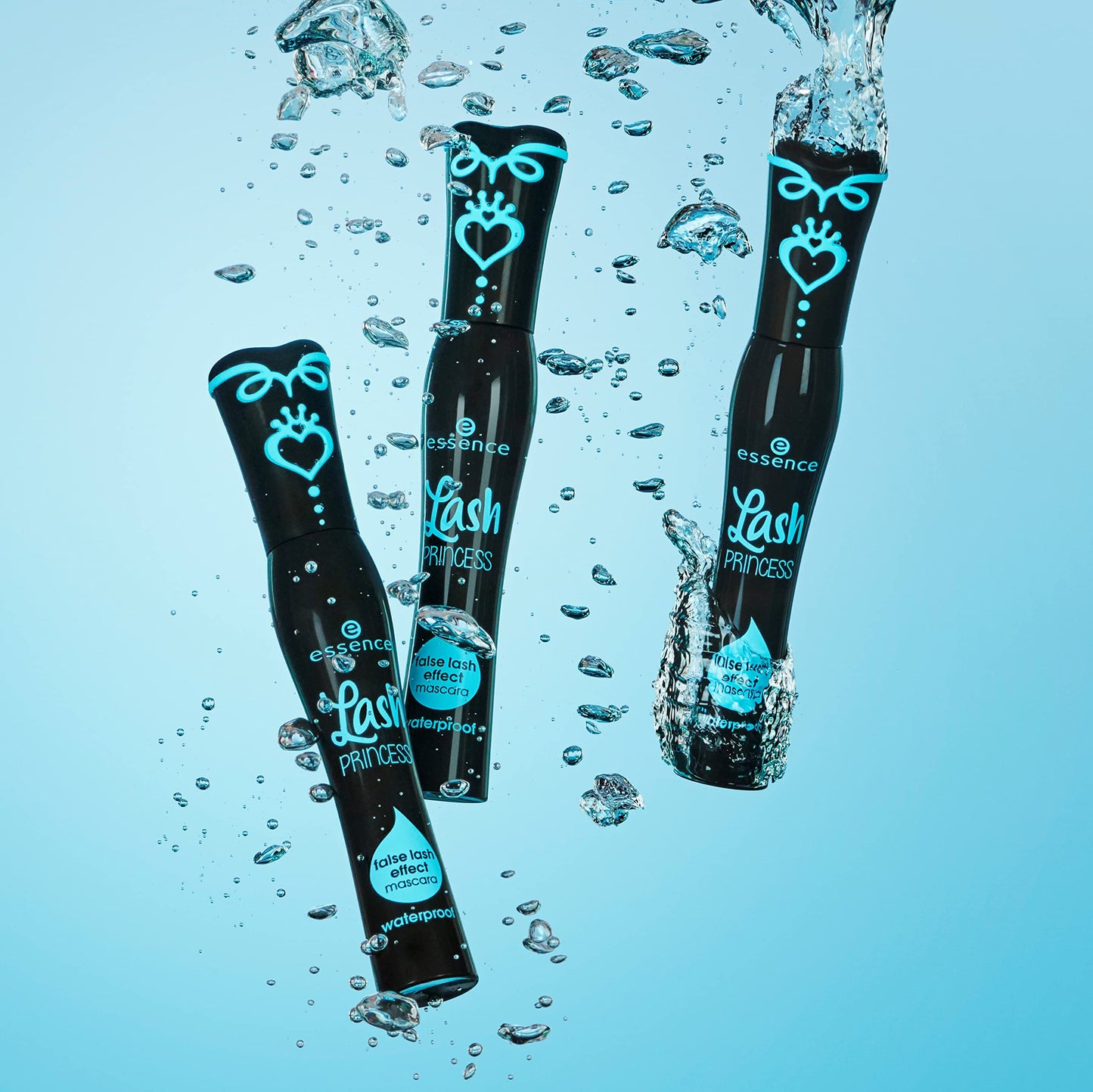 Side view of Essence Cosmetics imported black waterproof mascara for dramatic length and intense lash volume.