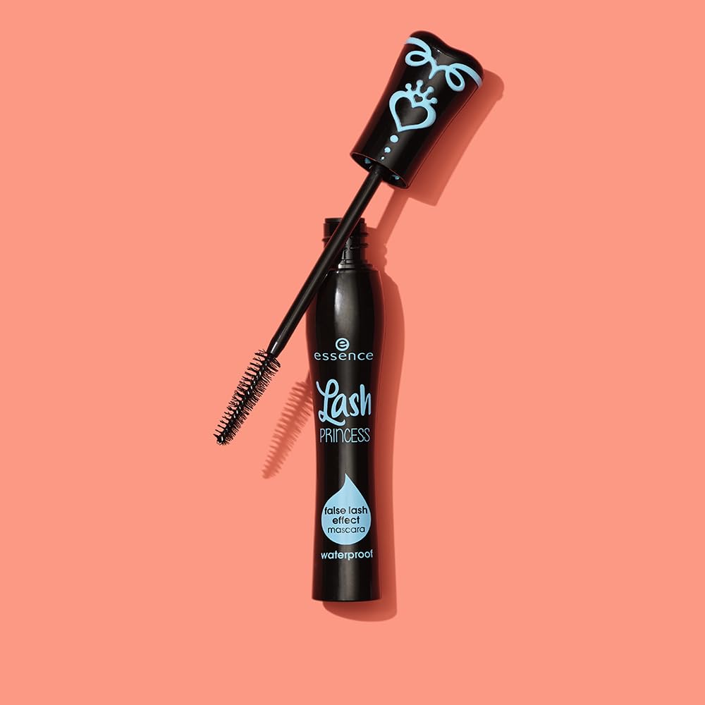 Essence Lash Princess waterproof mascara tube placed elegantly next to its high definition fiber applicator brush.
