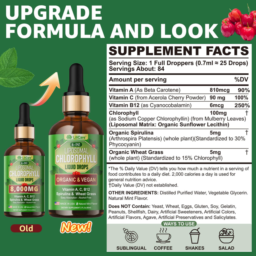 LILICARE liposomal chlorophyll superfood supplement with organic spirulina ingredients.