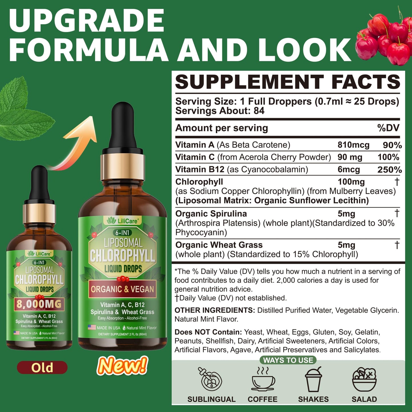 LILICARE liposomal chlorophyll superfood supplement with organic spirulina ingredients.