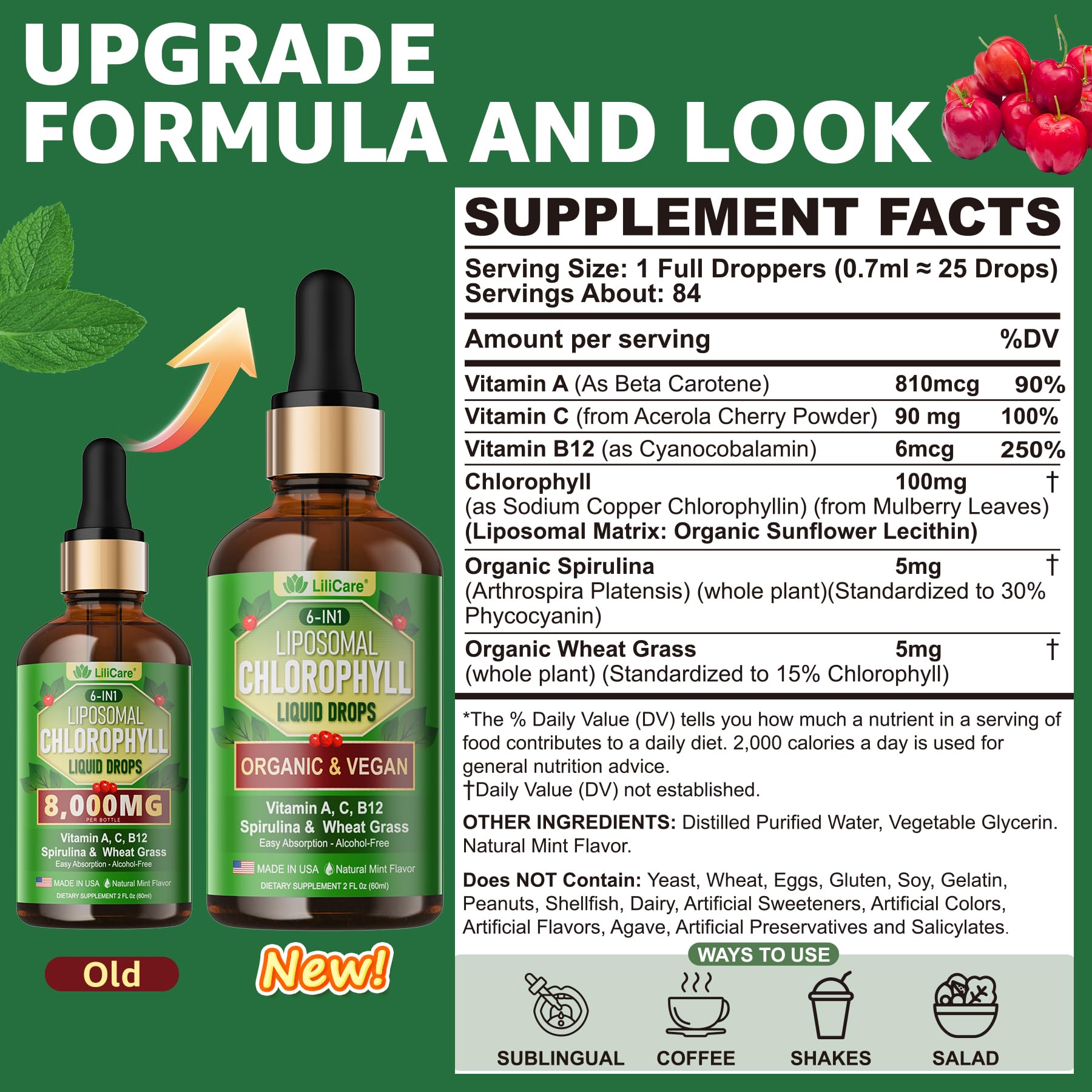 LILICARE liposomal chlorophyll superfood supplement with organic spirulina ingredients.