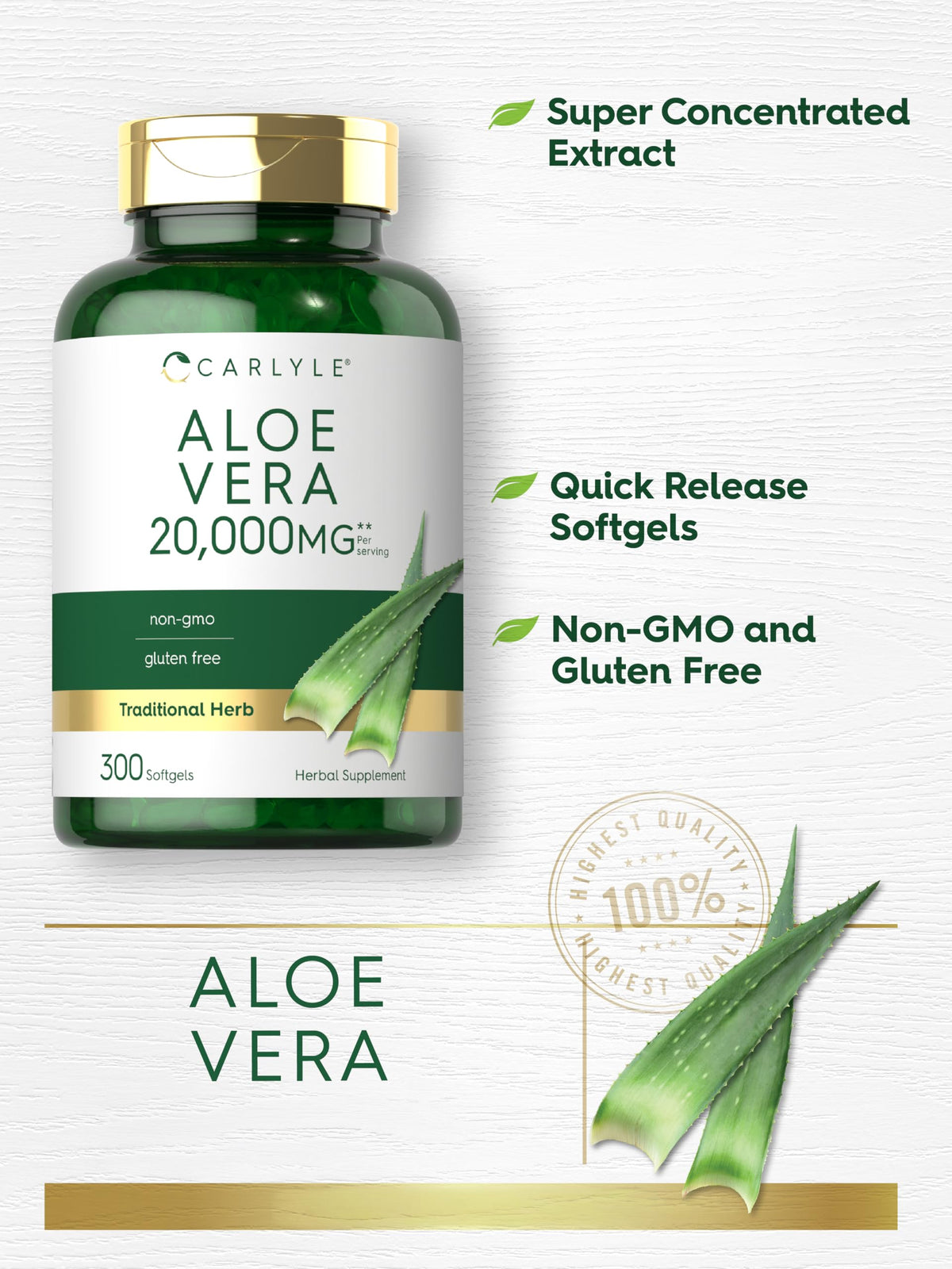 Close up of Carlyle Aloe Vera non-GMO supplement label