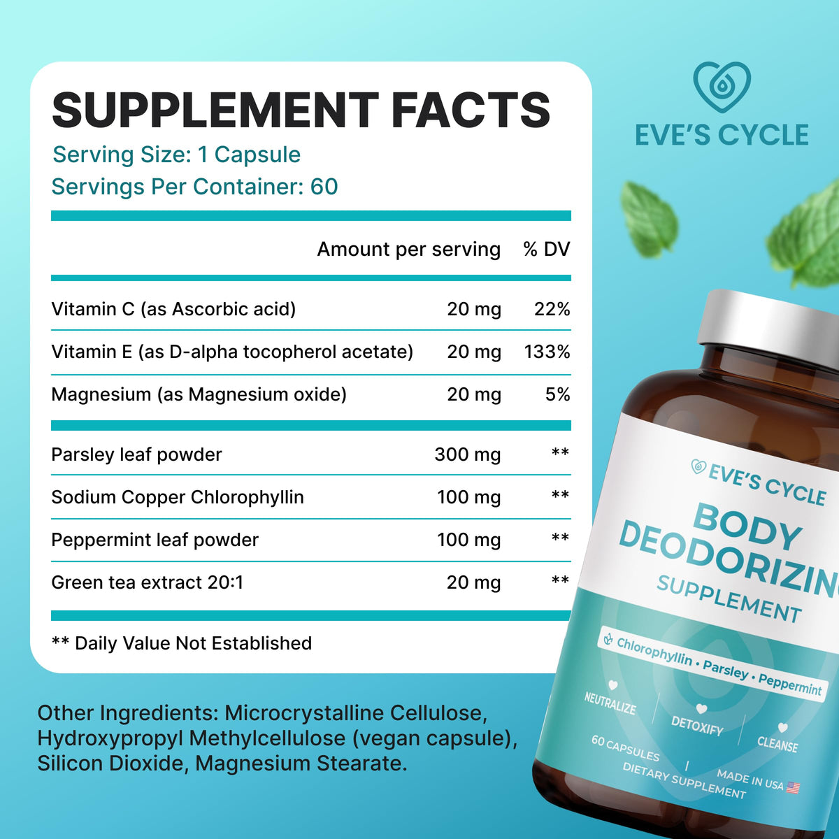 Eve's Cycle internal body freshness dietary supplement standing upright on a clean retail surface.