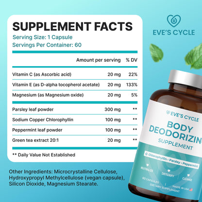 Eve's Cycle internal body freshness dietary supplement standing upright on a clean retail surface.