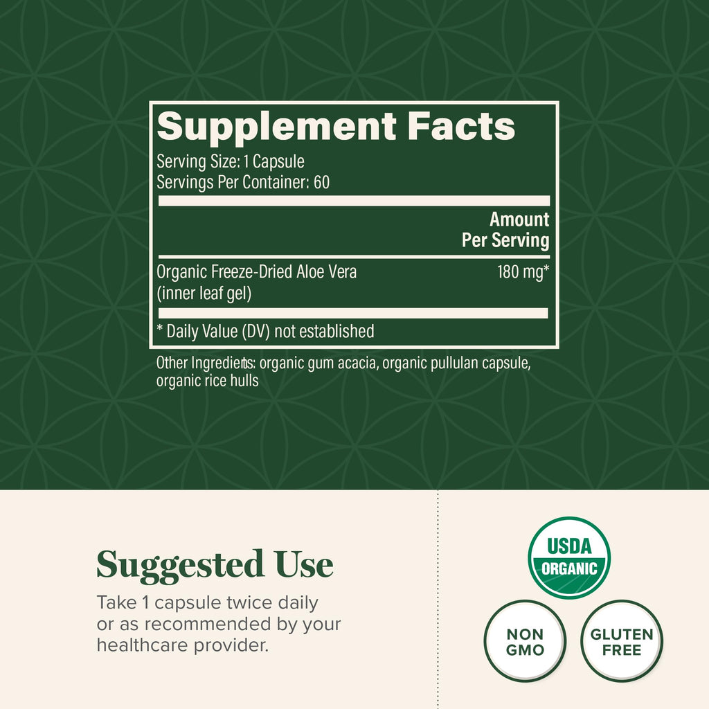 Label detail of Global Healing organic aloe vera 60 capsules