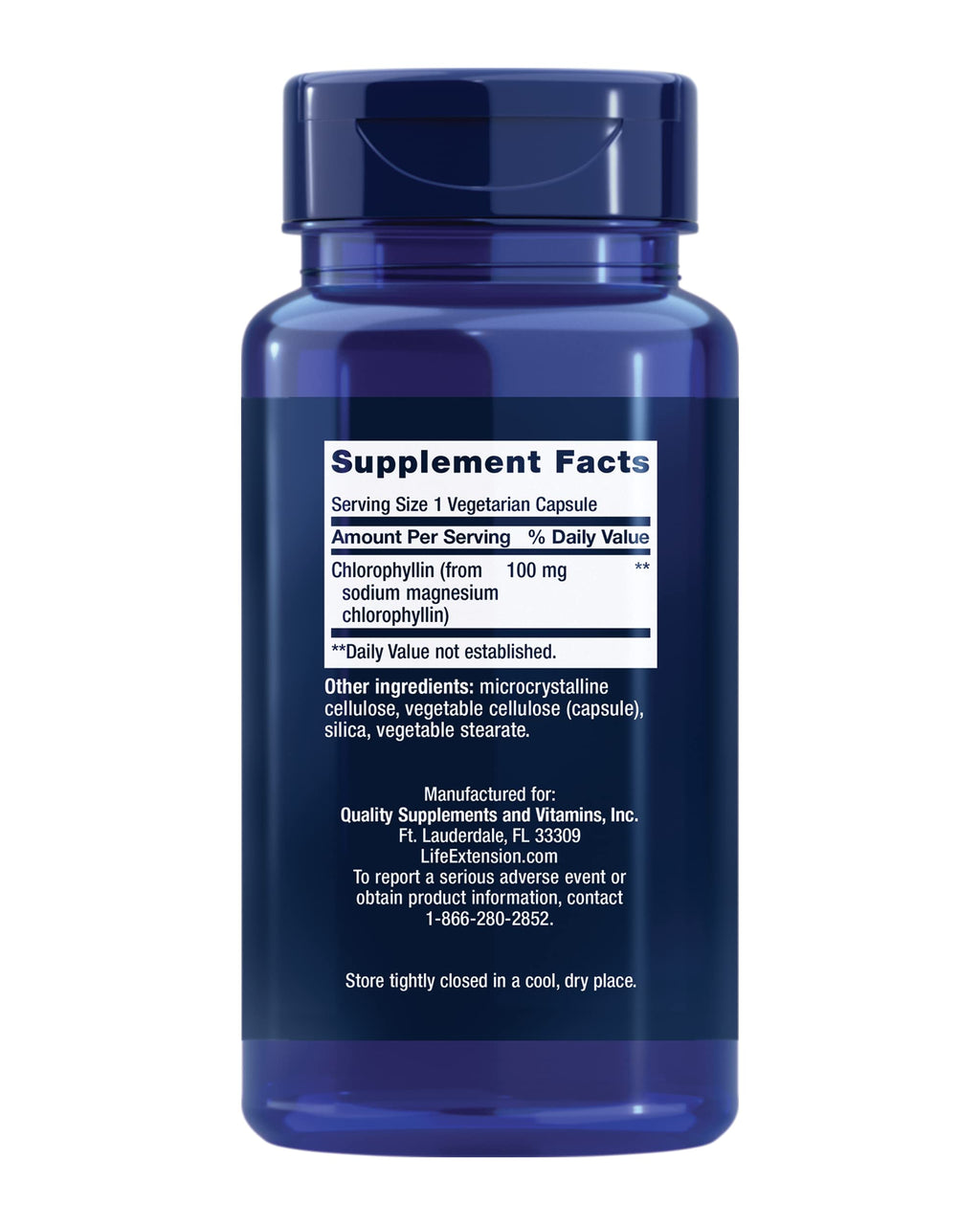 Life Extension Chlorophyllin 100 mg supplement bottle side view showing dietary information