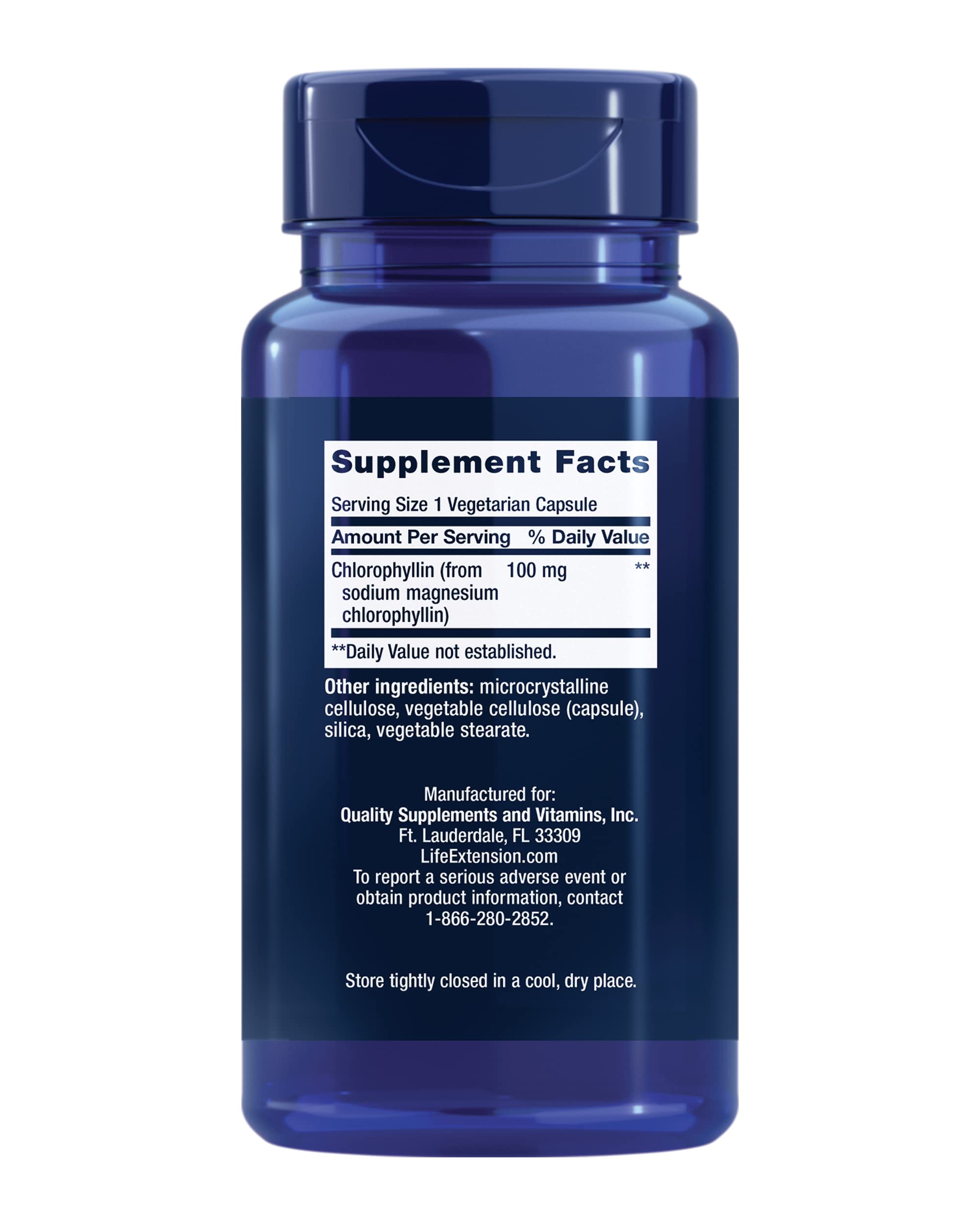 Life Extension Chlorophyllin 100 mg supplement bottle side view showing dietary information