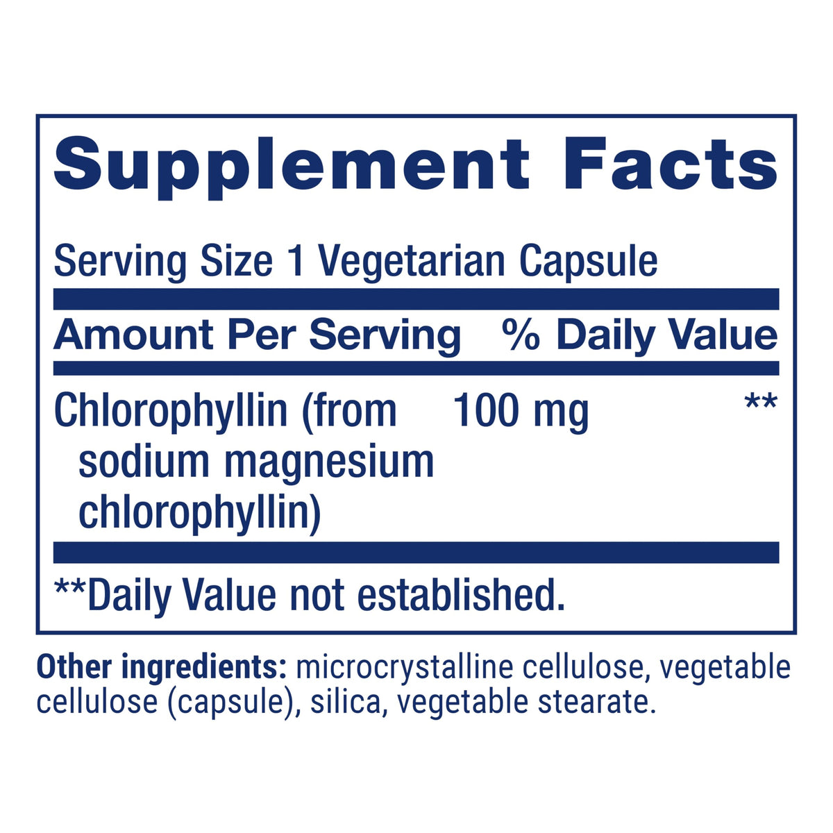 Life Extension Chlorophyllin antioxidant capsules ingredient list close up