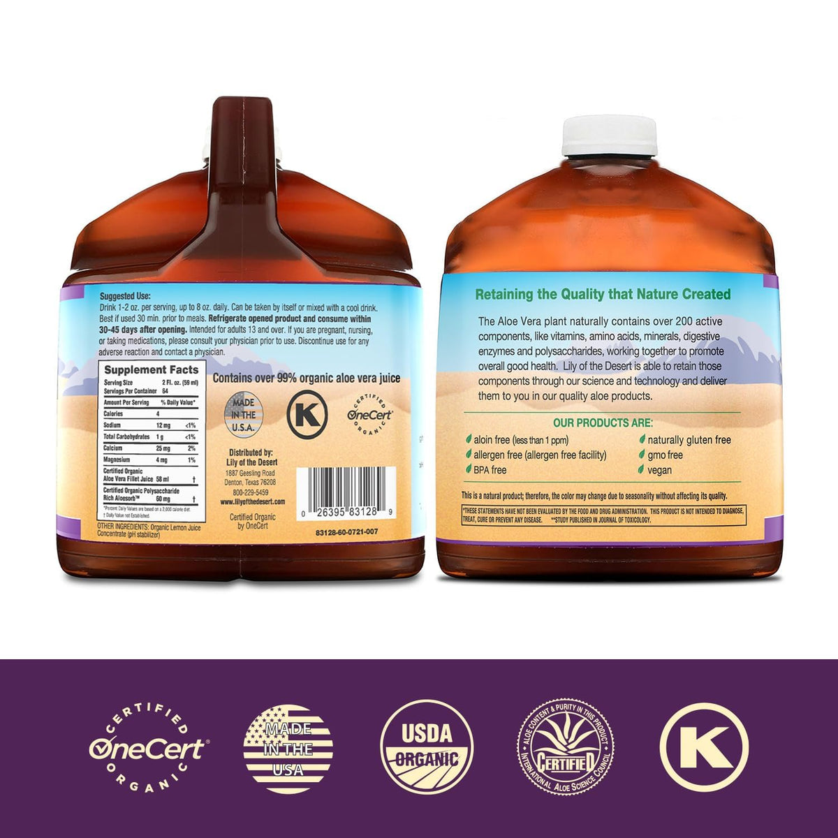 Close up of 128 fluid ounce Lily of the Desert aloe vera juice bottle