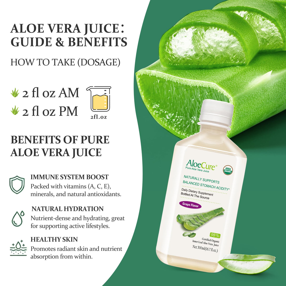 Two bottles of AloeCure grape aloe juice for digestive health