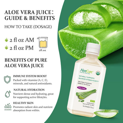 Two bottles of AloeCure grape aloe juice for digestive health