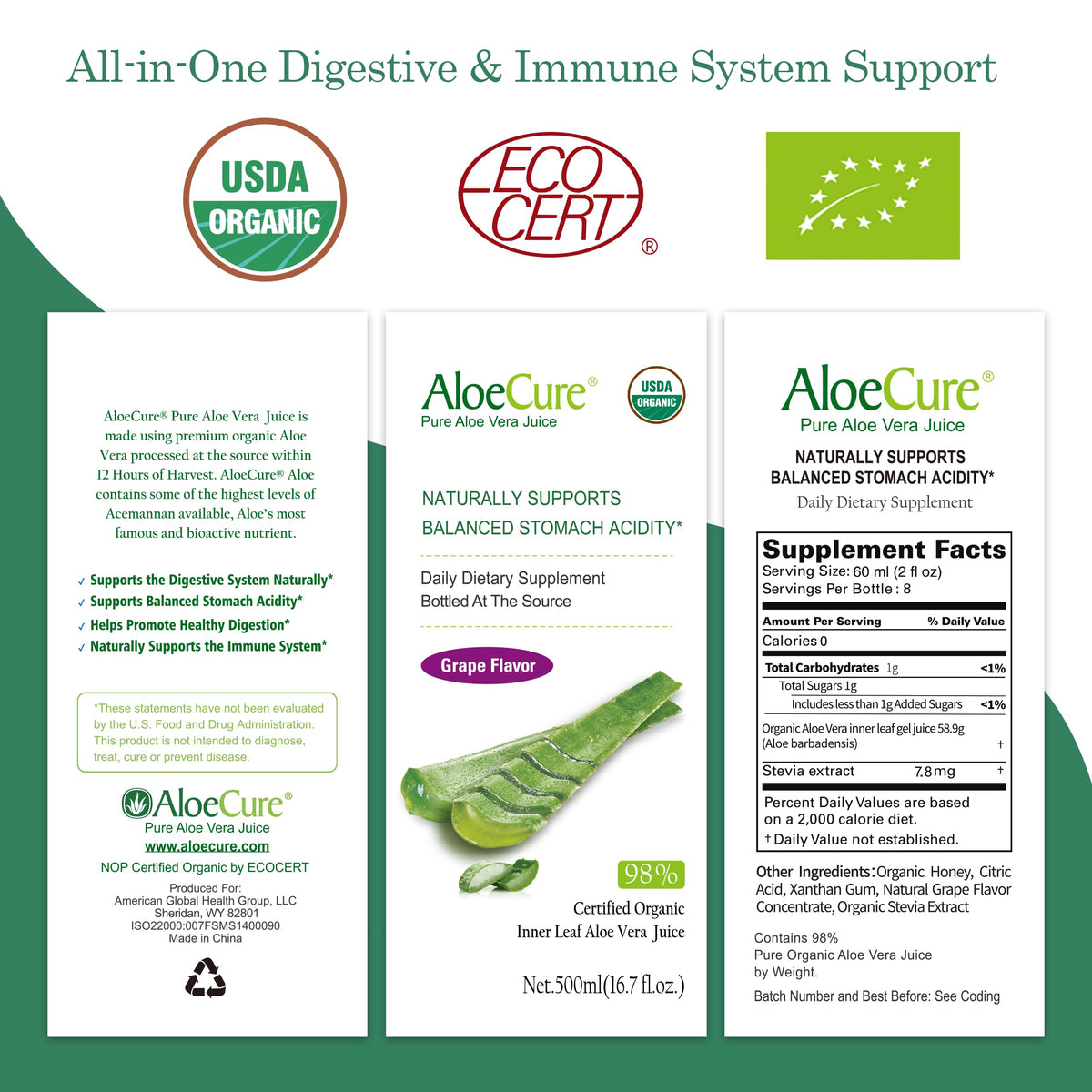 Premium organic aloe vera juice supplement for stomach health