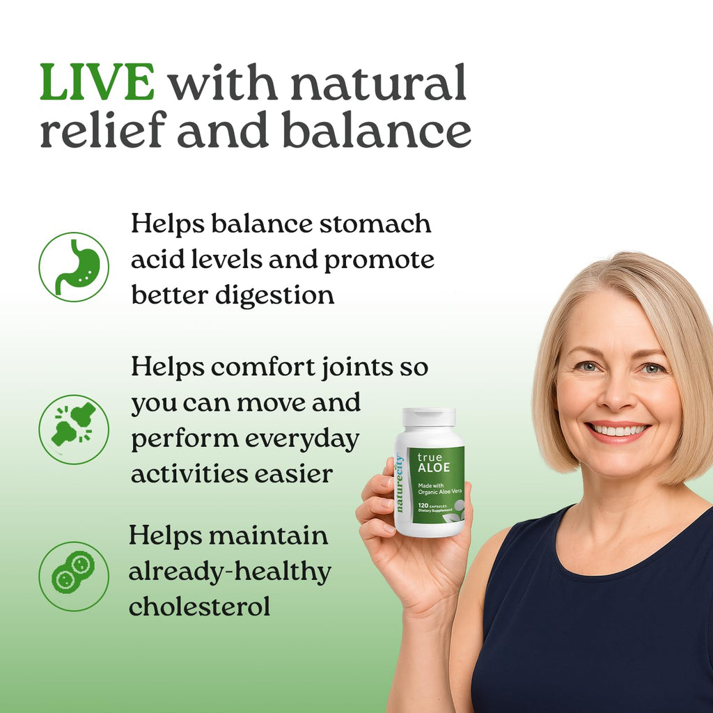 NatureCity True-Aloe organic aloe vera branding on bottle