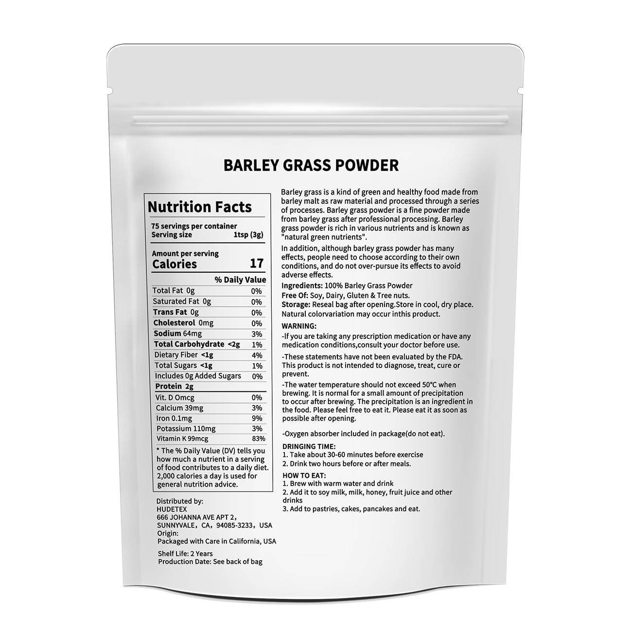 Hudetex micronized barley grass green supplement powder container on white background