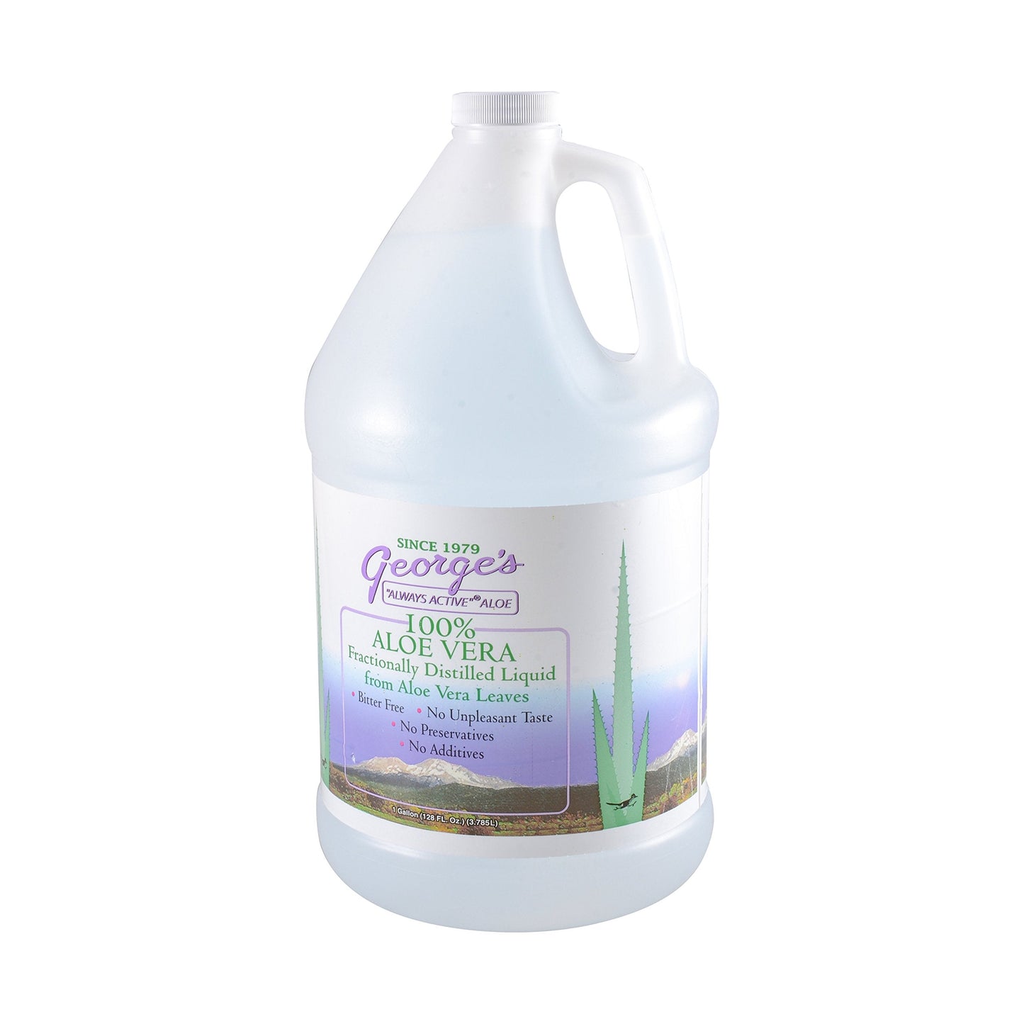 Dr George's Always Active Aloe Vera 128 Ounce fractionally distilled clear supplement bottle