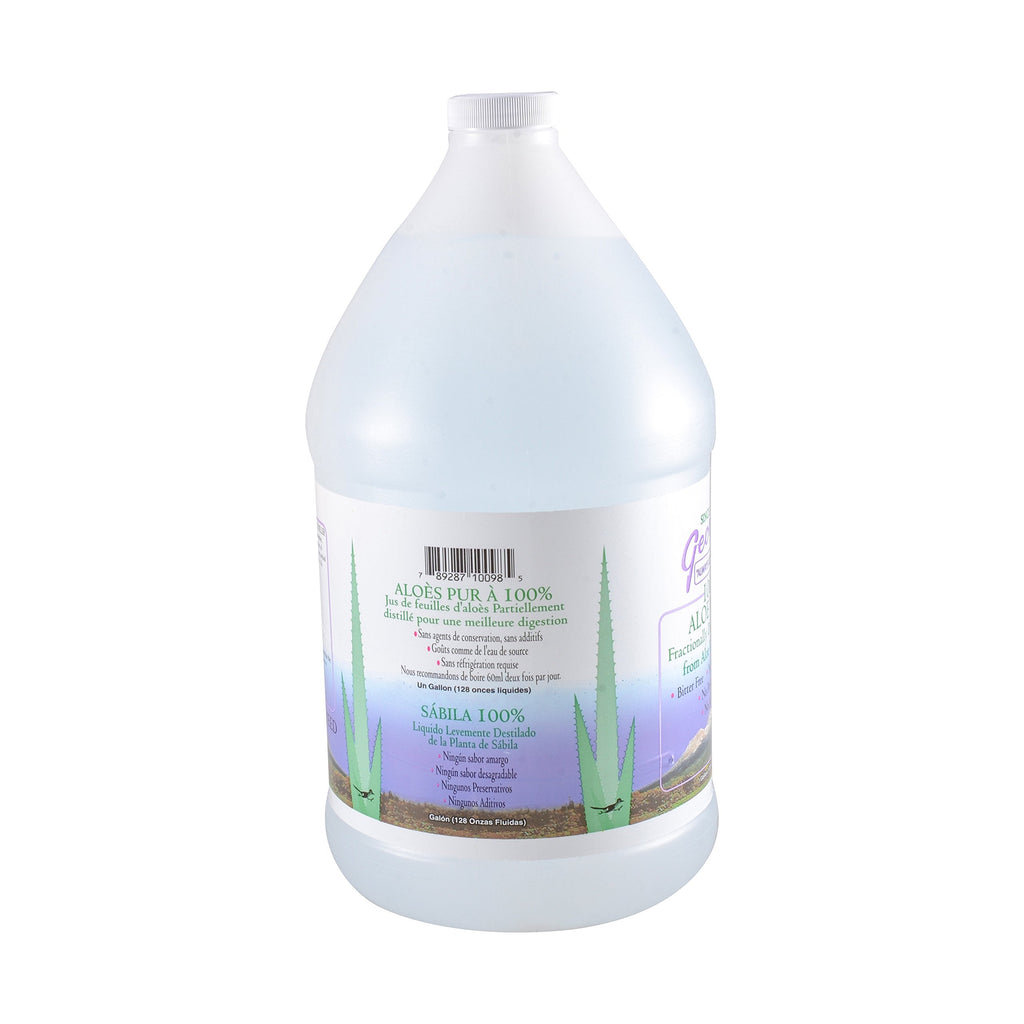 Side view of Dr George's pure aloe vera liquid supplement highlighting ingredients and nutritional facts