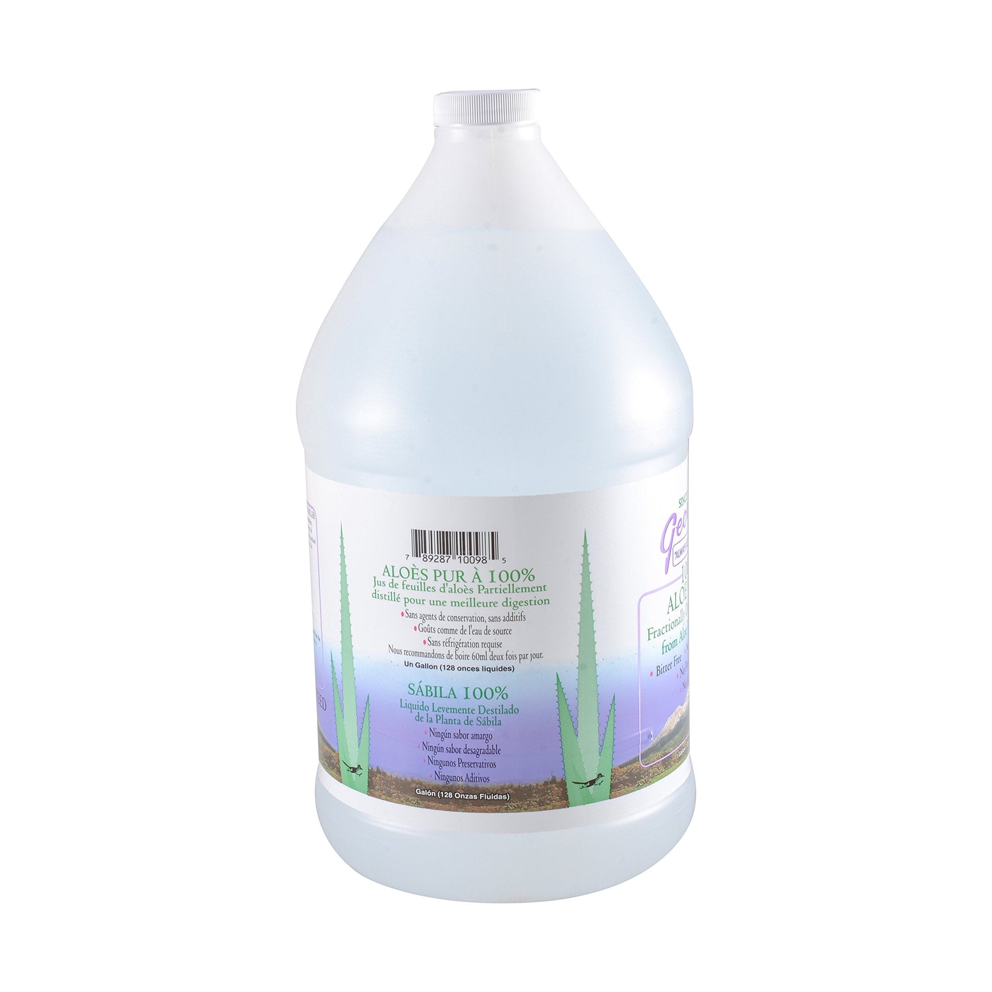 Side view of Dr George's pure aloe vera liquid supplement highlighting ingredients and nutritional facts