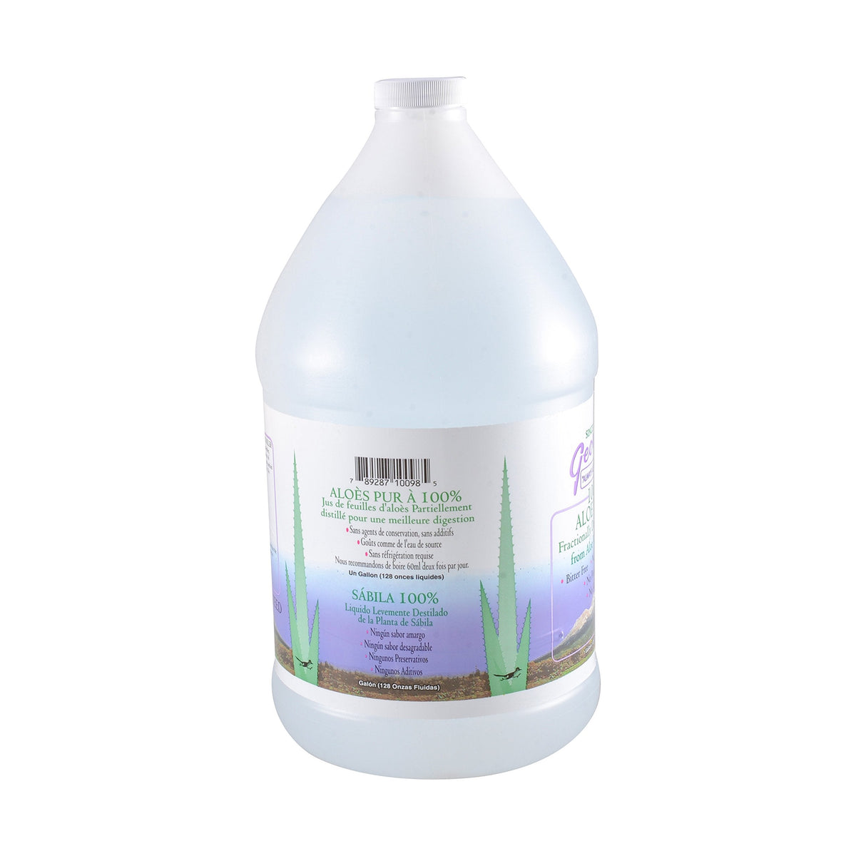 Side view of Dr George's pure aloe vera liquid supplement highlighting ingredients and nutritional facts