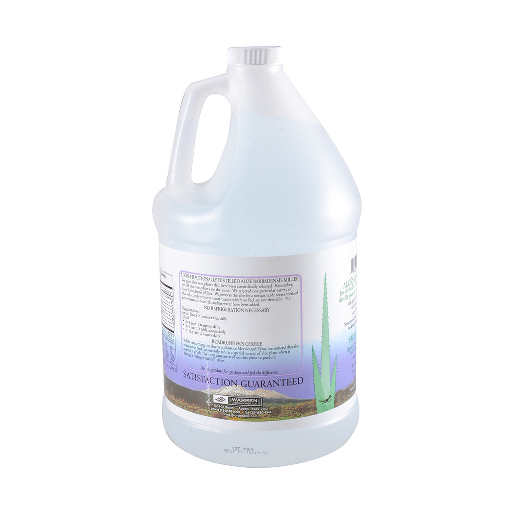 One gallon container of Dr George's bitter free preservative free aloe vera liquid for digestive health