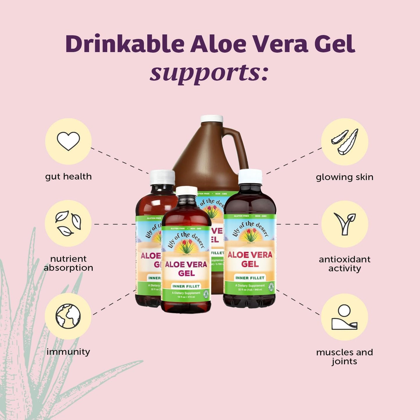 Side view of Lily Of The Desert organic aloe vera juice packaging