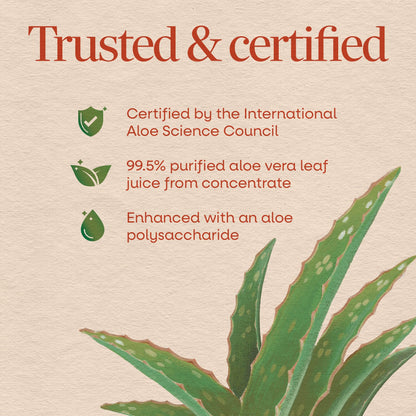 Unflavored 99.5 percent purified aloe vera juice certified purity seal