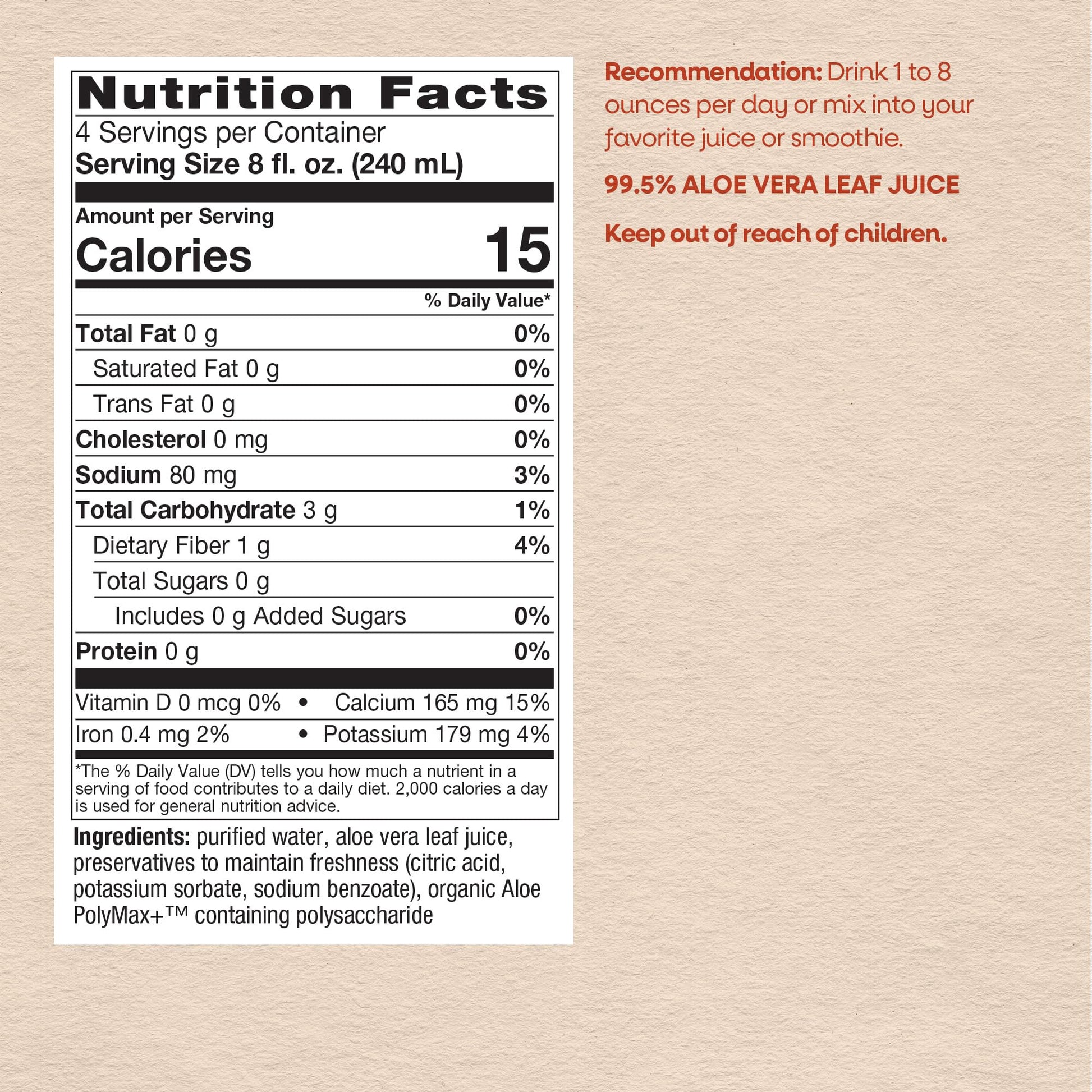 Nature's Way Aloe Vera 33.8 Fluid Ounce oxidation free bottle back label
