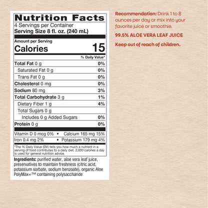 Nature's Way Aloe Vera 33.8 Fluid Ounce oxidation free bottle back label