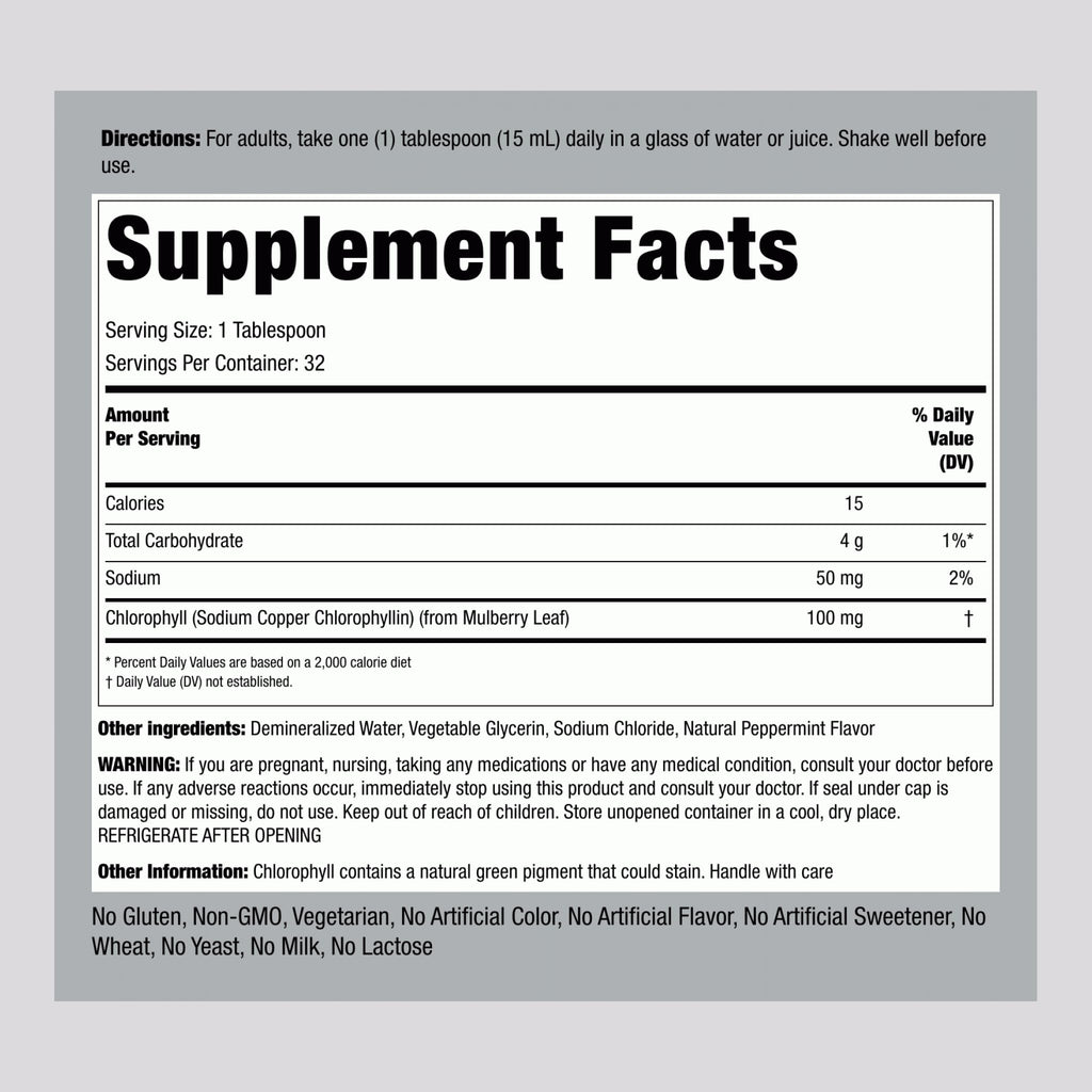 Piping Rock Liquid Chlorophyll nutritional information label