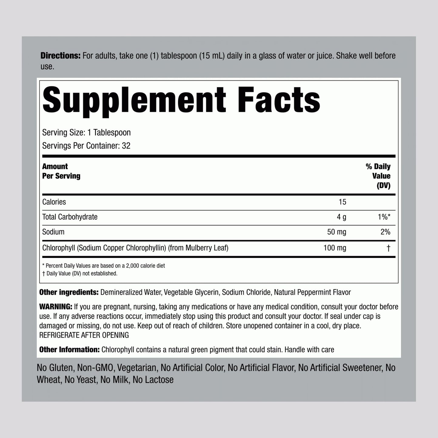 Piping Rock Liquid Chlorophyll nutritional information label