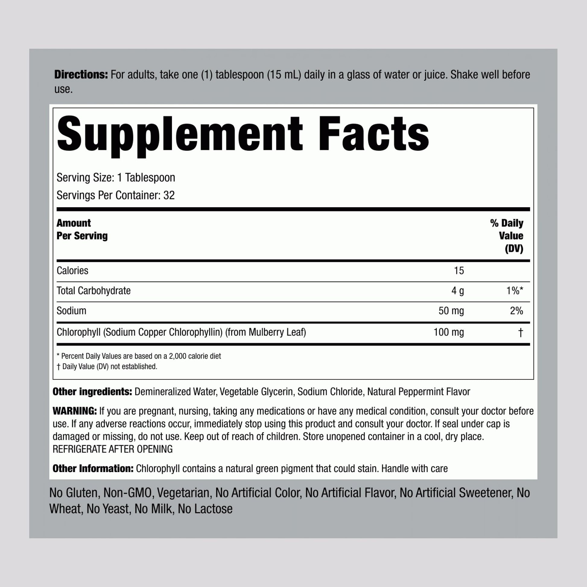 Piping Rock Liquid Chlorophyll nutritional information label