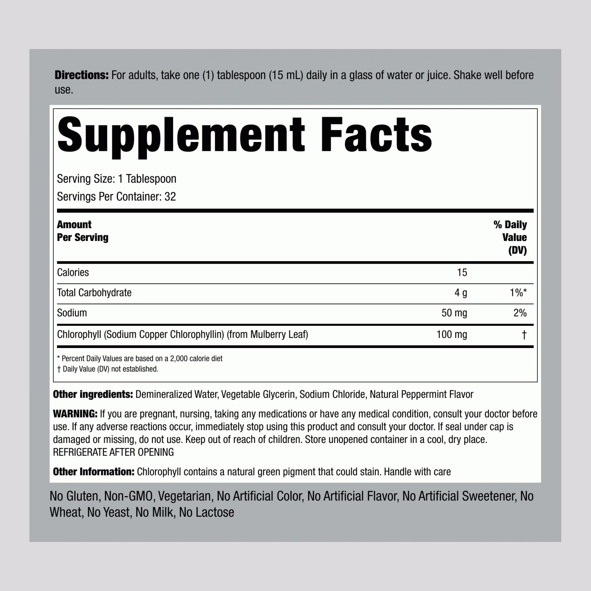 Piping Rock Liquid Chlorophyll nutritional information label