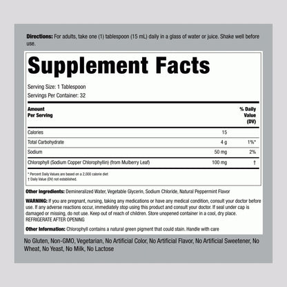Piping Rock Liquid Chlorophyll nutritional information label