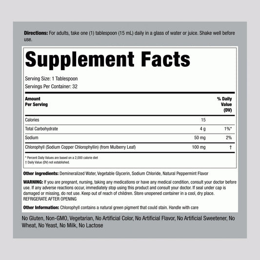 Piping Rock Liquid Chlorophyll nutritional information label