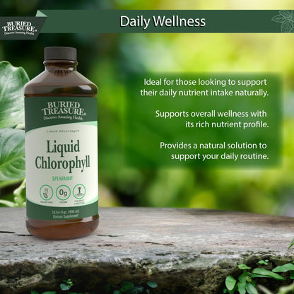 Authentic USA imported Buried Treasure liquid chlorophyll detox supplement bottle resting on counter