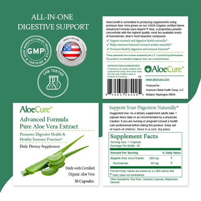 Top view of AloeCure digestive support supplement packaging