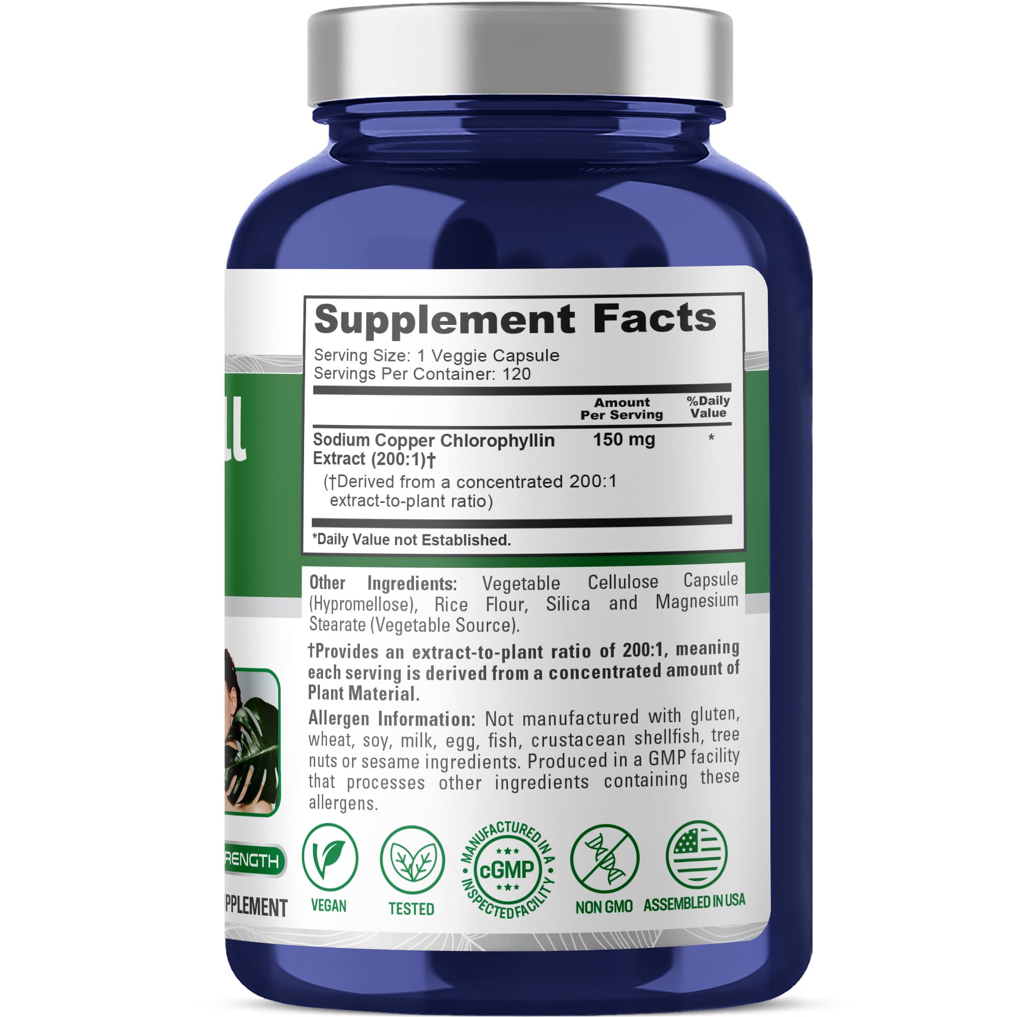 NusaPure Chlorophyll 200:1 extract concentration level supplement facts panel